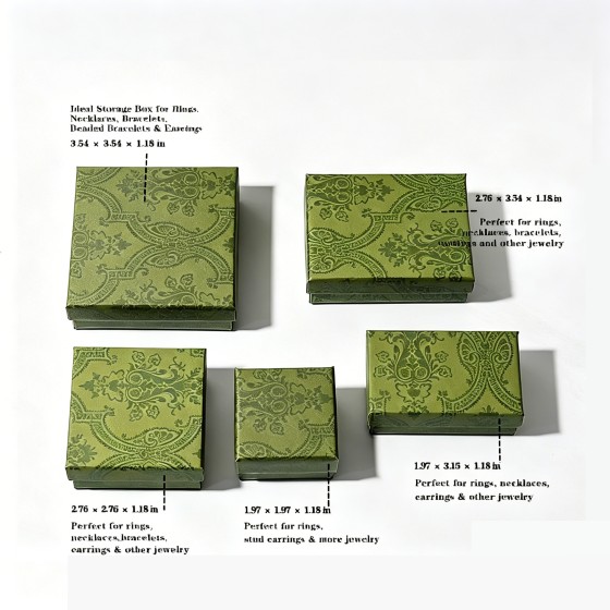 RETRO PATTERN JEWELRY SET GIFT BOX, TOP AND BASE LID DESIGN, DARK GREEN, CLASSIC PACKAGING FOR RINGS, NECKLACES & EARRINGS